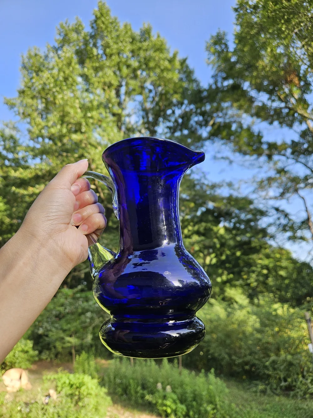 Cobalt Blue Art Glass Pitcher with Clear Handle Makes a Nice Vase - Picture 10 of 12